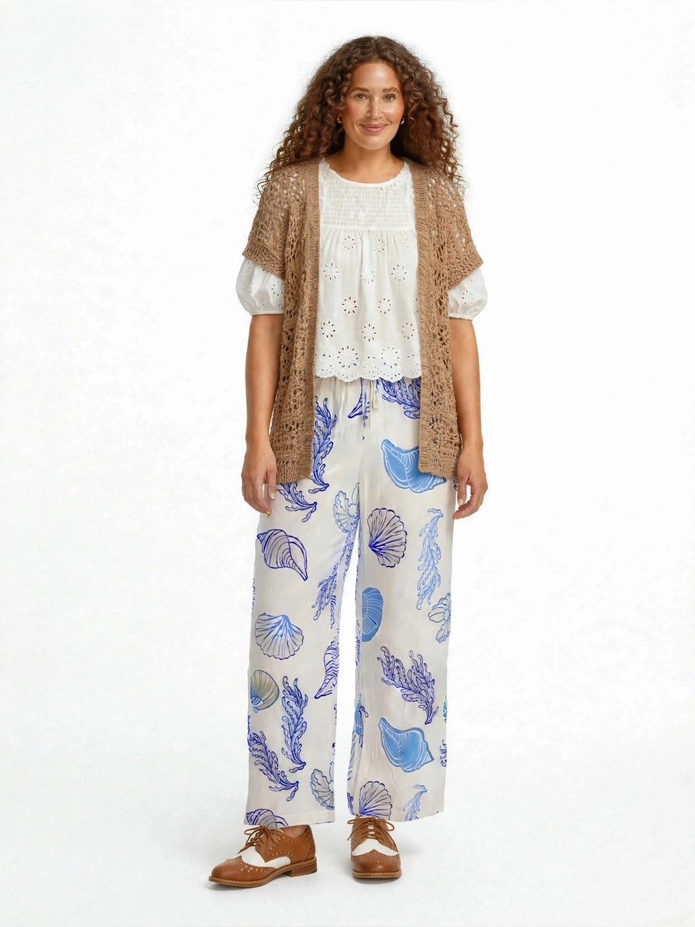 Illa Illa Seashell & Sea Plant Cream/Blue Wide Leg Pull-On Pants - Size L